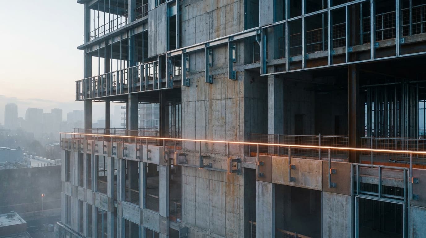Close-up of a modern, high-performance façade system detail on a commercial building